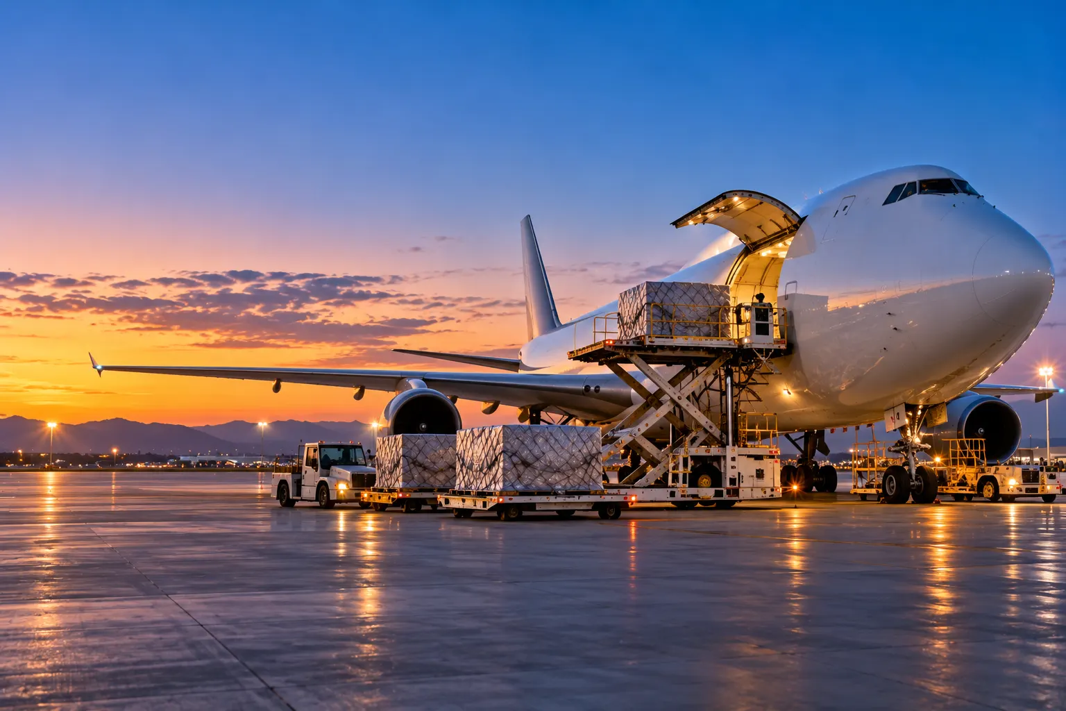 Avión de carga en plataforma con contenedores listos para embarcar